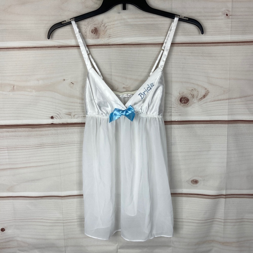 Flora Nightgown Womens S White Bridal Babydoll Lingerie Rhinestones Blue Bow